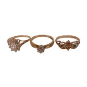 Three 9ct gold ladies dress rings, each set wit semi precious stones, sizes O,6.4g