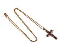 9ct gold cross set with purple stones and 9ct gold necklace, 6g.