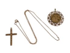 9ct gold cross and chain, 2g and gold plated St George coin in gilt Silver mount. (3)