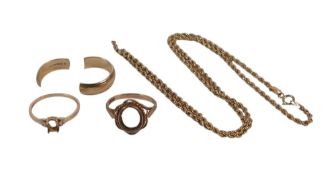 9ct gold scrap items including broken necklace, broken rings etc 8.5g.