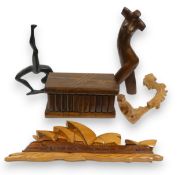 Collection of wooden items to include lidded box, sculptures, etc.