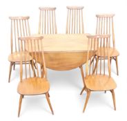 Ercol elm & beech Windsor drop leaf dining table with Six blue label matching chairs. (7) COURIER OR
