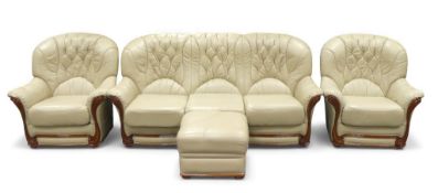 Vintage cream leather three piece suite with wood detailing & matching foot stool. (4) COURIER OR