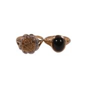 9ct gold ladies St george ring, size N, 2.2g and 9ct gold ring set with oval black stone, size J,2.