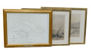 Two framed lithographs of Egypt by David Roberts titled View on the Nile and Cairo from the gates of