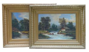 Two Framed oil on board paintings depicting landscape scenes of mountains and shore lines also a