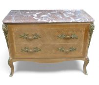 French Louis XV style chest of two drawers, with parquetry inlay, marble top & ornate brass handles,