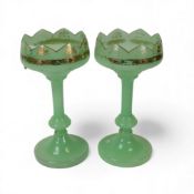 A pair of Glass Vintage Jadeite green footed Lustres with perforations for hanging glass decorations