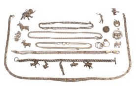 A collection of silver jewellery including chains, bracelets, charms etc 93.5g.