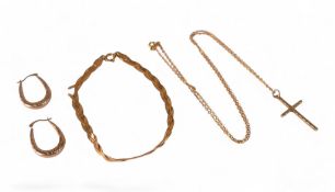 9ct gold items including cross and chain, necklace and pair earrings, 5.2g.