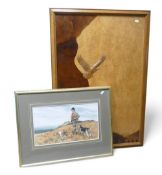 Marquetry panel depicting a Buzzard soaring over pine forest, together with a framed painting of a