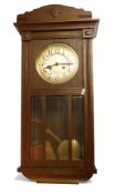 Edwardian oak wall clock, H79cm x W32cm.