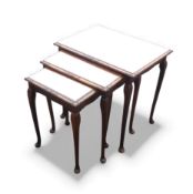 Queen Anne style nest of three tables with glass tops. (3) COURIER OR COLLECTION ONLY