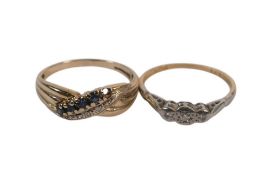 18ct gold diamond ring (worn), 1.6g and 9ct gold ring set with blue & white stones, size O/P,2.1g.