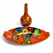 Carlton Ware orange lustre vase decorated with butterflies, h.20cm and an Art Deco tray in the