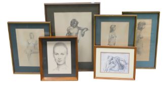 Six Female Nude Figure Studies in Pencil/Photo Litho Print Framed behind glass each drawing is a
