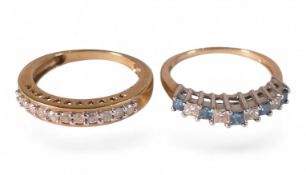 Two 9ct gold dress rings, set with green & white precious stones, sizes P, 5g. (2)