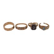 A collection of 9ct gold rings, all damaged and set with semi precious stones, 11.5g.