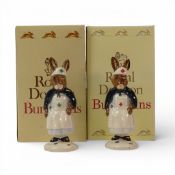 Royal Doulton Bunnykins Characters two 'Nurse' DB74, one with a red cross design one with green