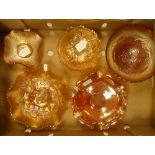 Vintage Fenton Art Glass marigold carnival glass bowls in various patterns. (1 Tray)