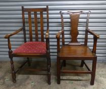 Oak early 20th century carver chair with an upholstered seat cushion, together with a similar oak
