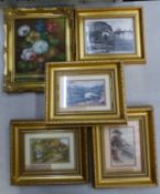 A group of five gilt framed items, including an oil on board still life, framed postcards, etc.,