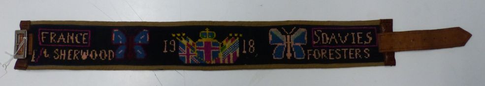 Personalised First World War stable belt, likely embroidered by a convalescing soldier, S Davies,