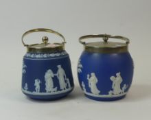 Wedgwood 20th century Jasper Dip Ware Biscuit Barrels each with metal rims, lids and handles.