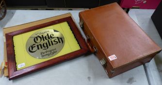 Vintage tan leather suitcase, together with a framed Olde English Cider advertising mirror,