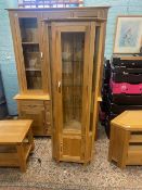 Modern solid oak corner display unit, with internal lighting, H 180cm x W 65cm x D 43cm.