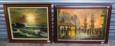 Two late 20th-century framed oil on canvas paintings, a sea scape signed Longman and a harbour scene