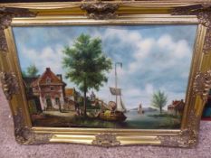 Large gilt-framed oil on board of a waterside scene, certificate of authenticity attached to the