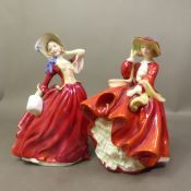 Royal Doulton Lady figurines to include:-Top O' Hill HN183 and Autumn Breezes (seconds) HN1934,