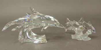 Swarovski Crystal 1990 Annual Edition ''Lead me'' dolphins figure with wooden base in original box