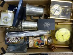 Mixed collection of items to include a mantle clock, anniversary clock, costume jewellery, tankards,