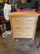 Modern solid oak chest of 3 drawers, H 76cm x W 70cm x D 40cm.