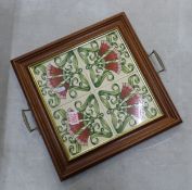 Framed four tile twin handled tray, with Art Nouveau style decoration, hardwood framed, 40cm x
