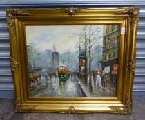 Gilt framed oil on canvas of a Continental street scene in the manner of Burnett, overall size