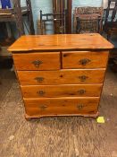 Stained pine 5 drawer chest of drawers, in 2 over 3 format, W 84cm x H 85cm x D44cm.