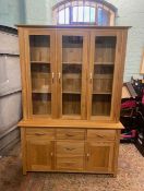 Solid oak modern display sideboard with glazed three door top section, W 138cm x H 200cm x D 43cm.