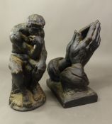 Two resin bronze effect models, The Thinker and a pair of praying hands, tallest 24cm (2).