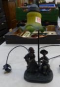 Resin table lamp depicting two young musicians, height 41cm.