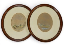 Pair oval watercolour paintings, Fishing/beach scenes, overall 42 x 37cm. (2)