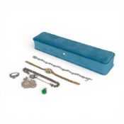 A collection of Silver jewellery including Albert bracelet, heart shaped tennis bracelet, brooch,