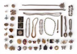 A collection of costume jewellery including brooches, necklaces, pendants, two Silver enamelled Army