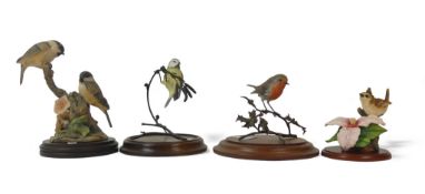 Border Fine Arts Blue Tit on metal branch and Robin on a holly branch, together with Willow Tits