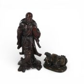 Chinese Carved hardwood Figure of Shou Lao, the God of Longevity together with a bronze effect Sow