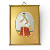 Early 20th century hand painted oval picture of a Indian Woman in brass frame, overall 20cm x 16cm.