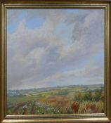 J Currie, Oil painting on canvas landscape and sky, 50 x 60cm.