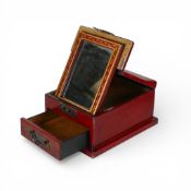 Chinese red painted vanity/jewellery box decorated with gilt floral/bird design with a built in
